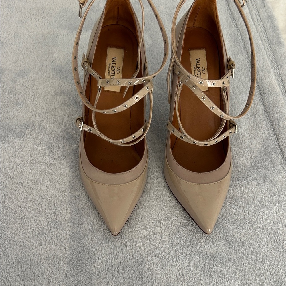 Valentino Beige Patent Leather Pointed-Toe Multi-Strap Pumps